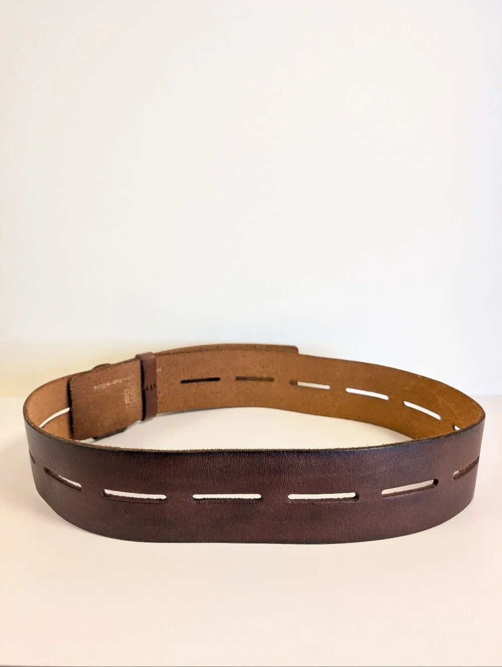 CAbi Here or There Belt 3298 Medium Brown Leather Wide Slotted Brass 45”